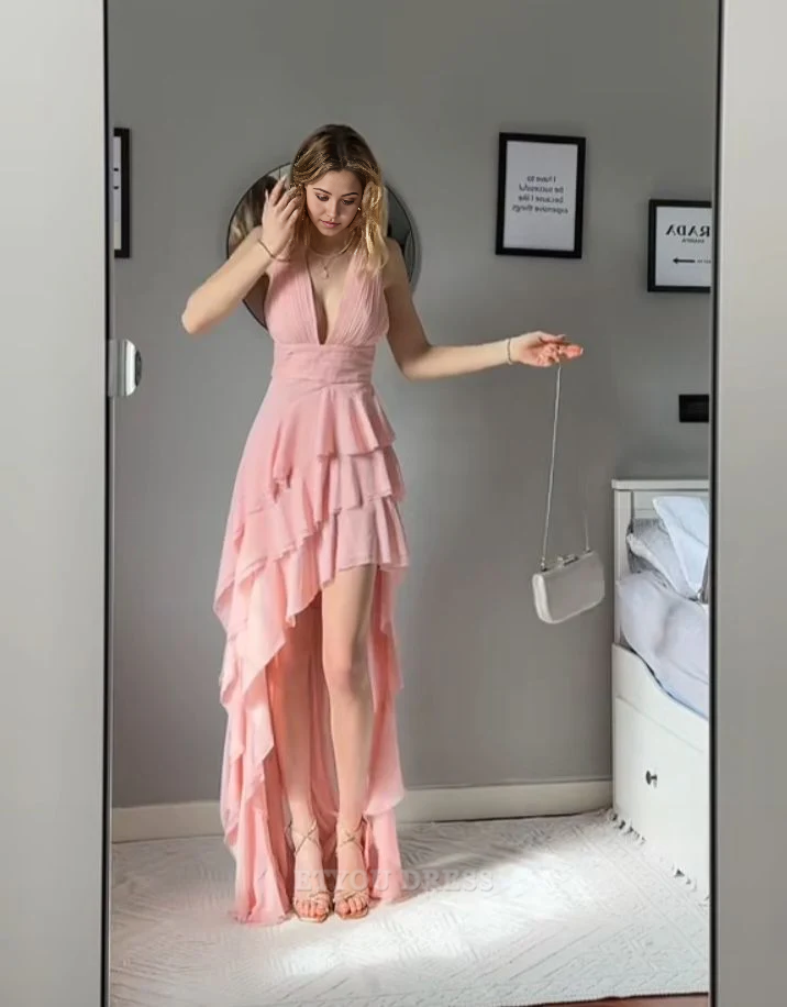Sheath Deep V Neck Pink Ruffle formal dresses Bridesmaid Dresses evening gown Prom Dress